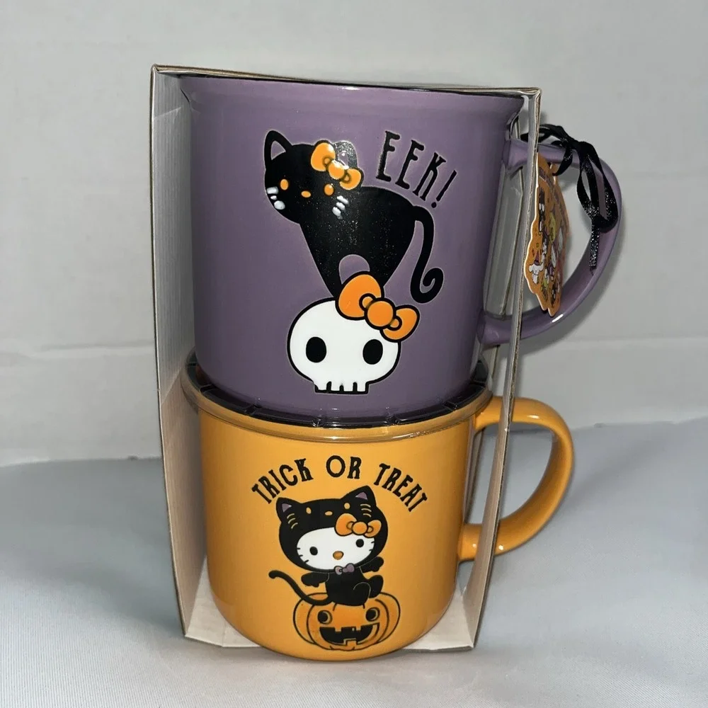 Hello Kitty Orange Halloween Trick Or Treat Mug Set With Black Cat Purple Mug